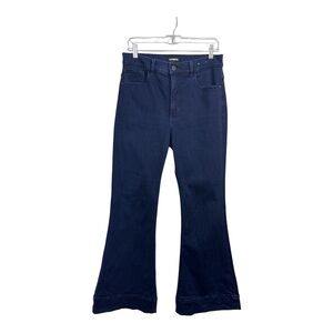 Express Women's 10 Bell Flare Jeans High Rise Dark Blue Wash Stretch Pockets